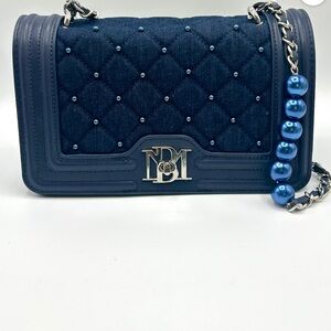 Badgley Mischka Denim Diamond Quilted Crossbody with matching pearls NWT
